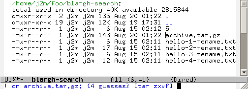 Dired-X shows useful command suggestions for a ".tar.gz" file.